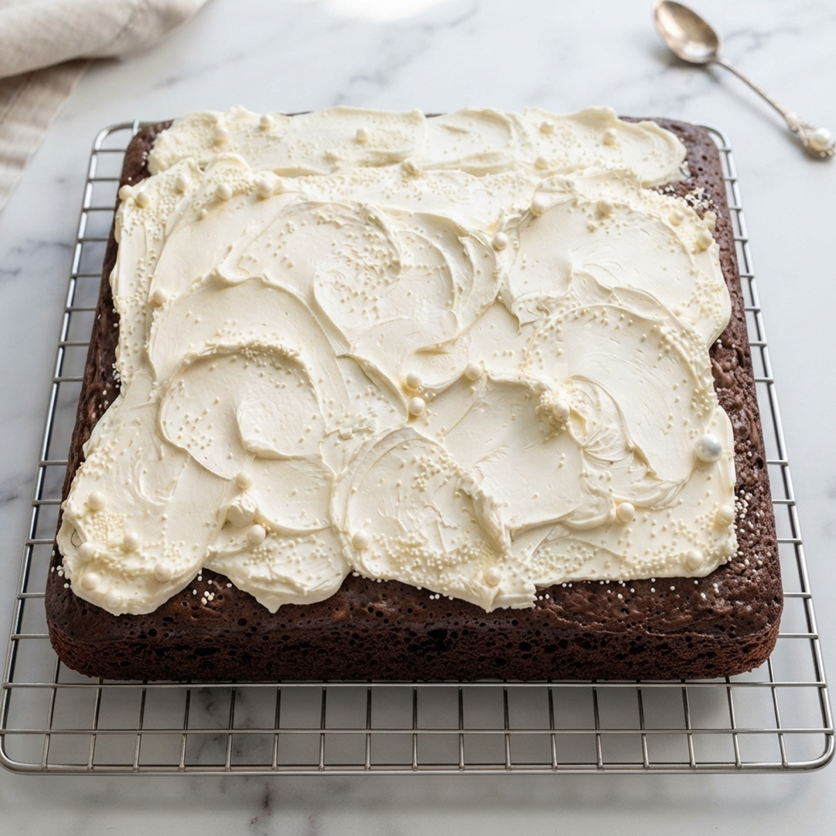 A clear glass bowl filled with thick, fluffy white Cool Whip frosting with a spoon resting in it.