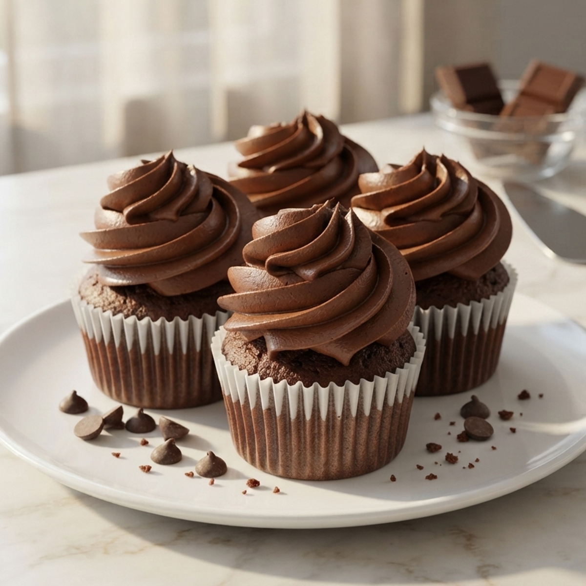 Delicious chocolate fudge cupcakes with swirled chocolate frosting and chocolate chips on a white plate.
