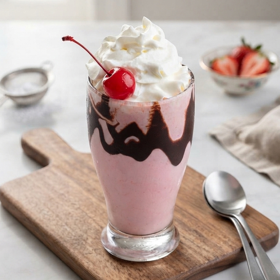 A tall glass of pink strawberry milkshake topped with whipped cream, chocolate drizzle, and a cherry
