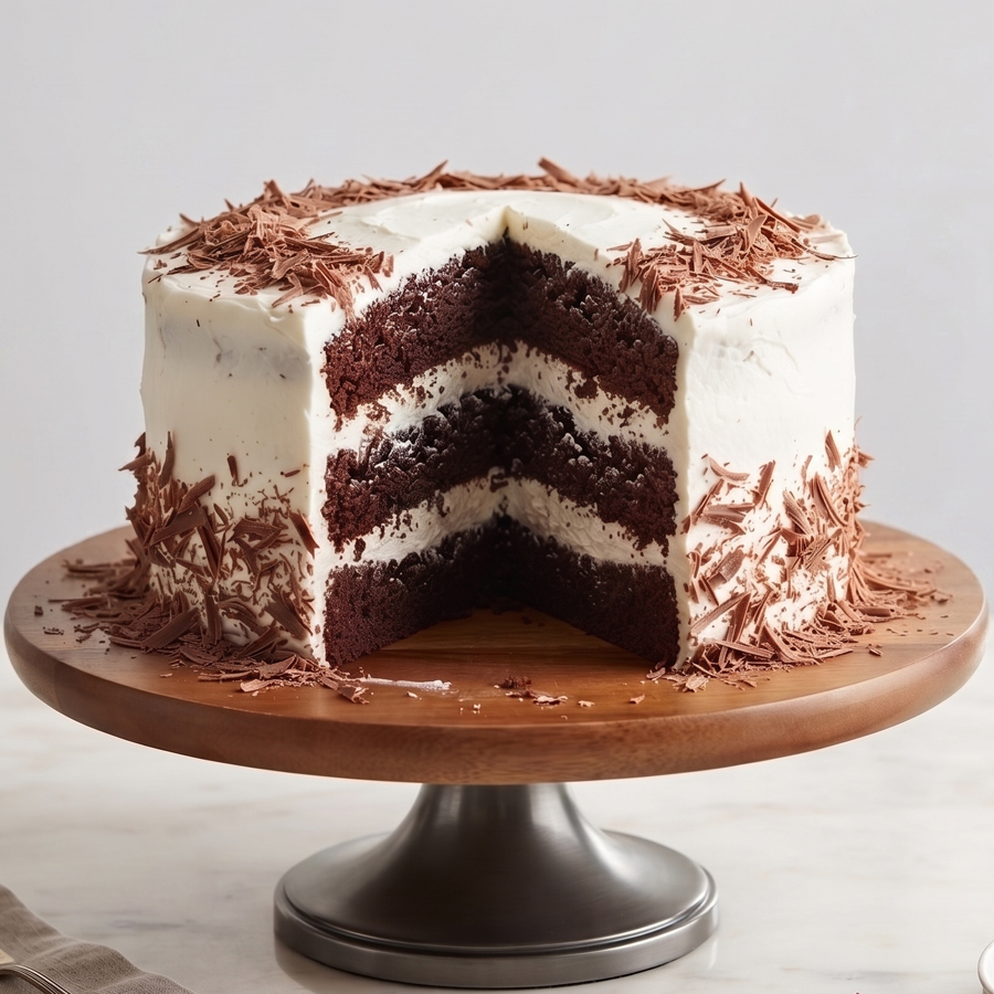 A beautiful sliced chocolate whipped cream cake on a wooden cake stand.