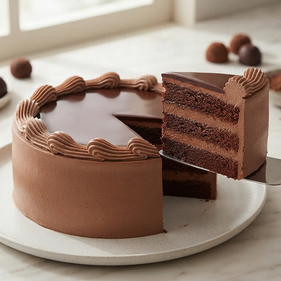 A delicious slice of layered chocolate whipped cream cake served on a white plate with a fork.