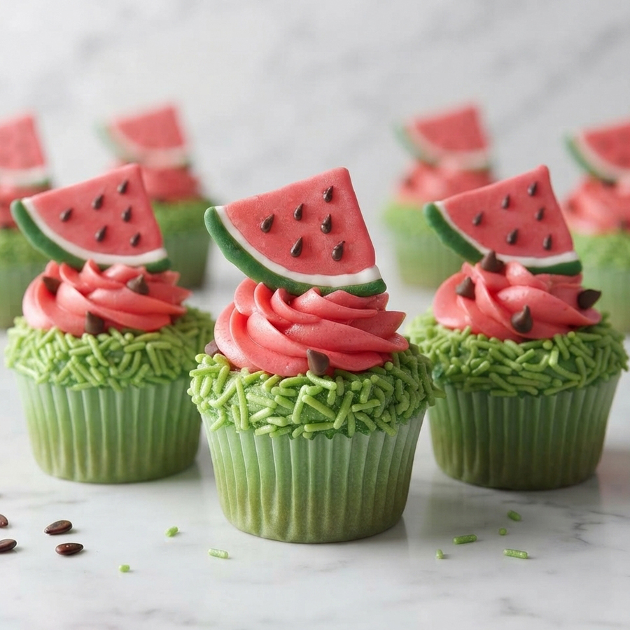 A close-up of several cupcakes decorated to look like watermelons, with green paper liners, green frosting sprinkles, and pink frosting