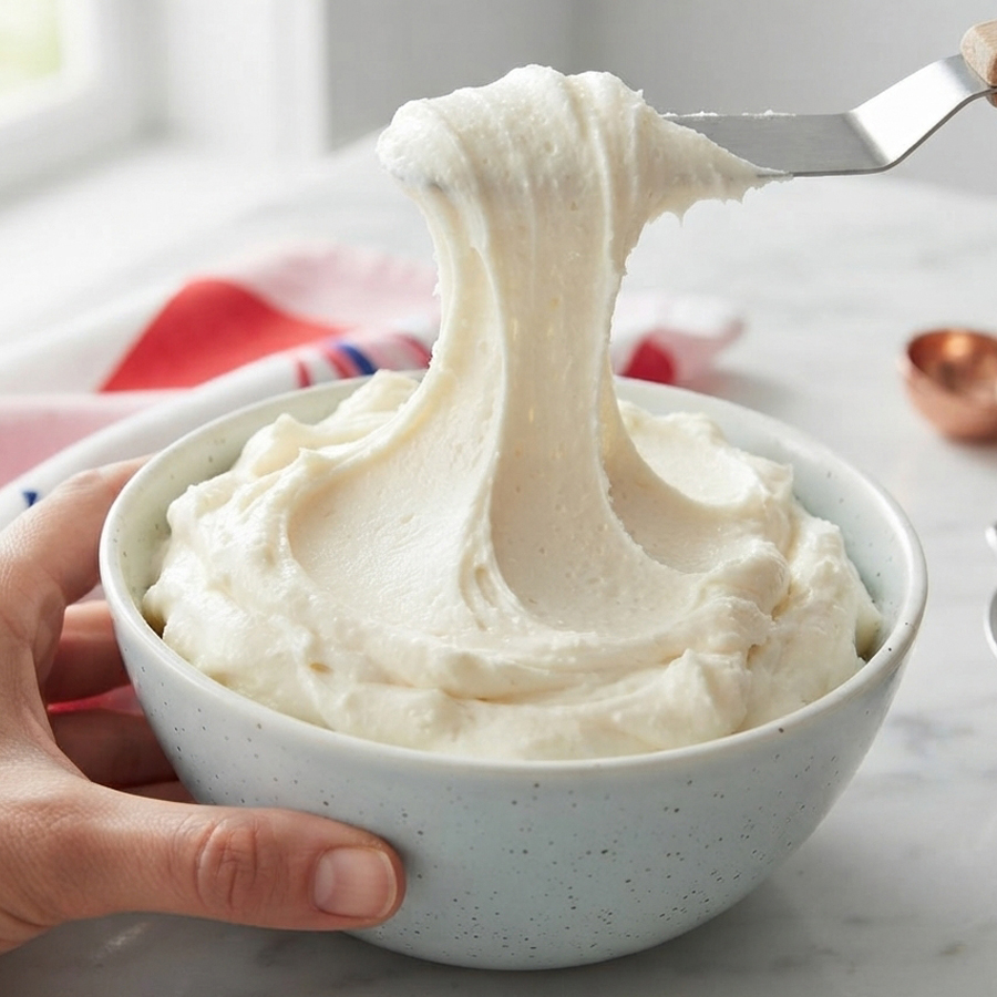 A hand holding a light blue bowl filled with a large amount of fluffy white whipped cream or frosting, being lifted with a spatula