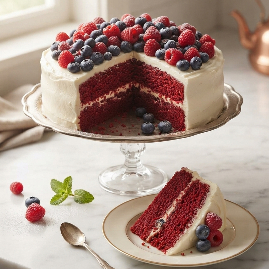A slice of red velvet cake topped with mascarpone frosting, fresh blueberries, and raspberries