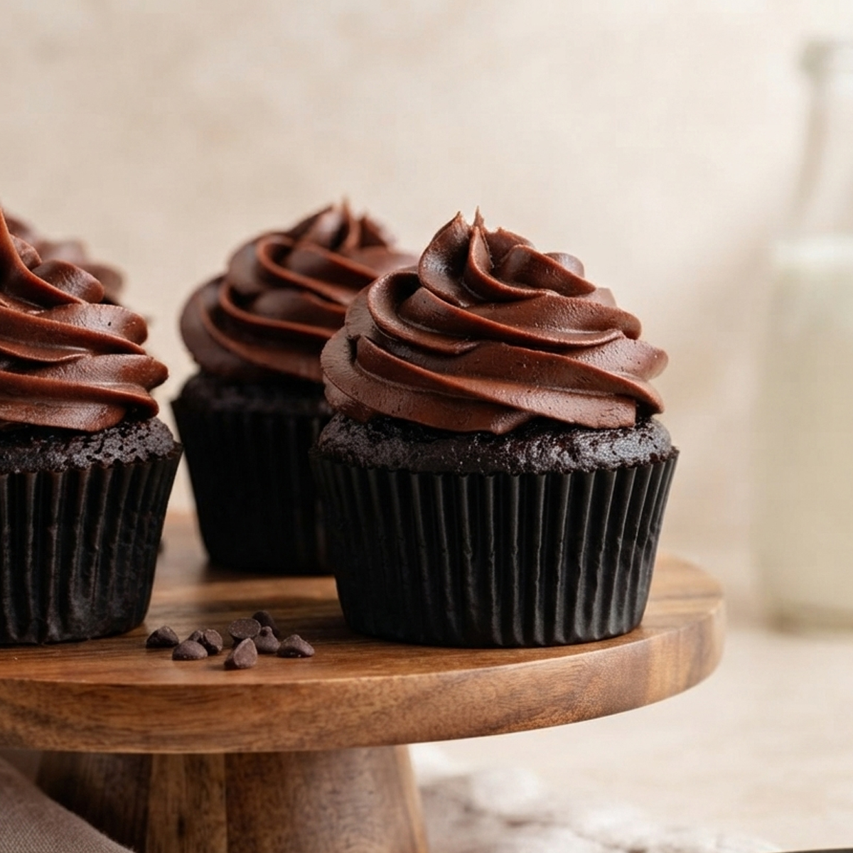 Three chocolate cupcakes beautifully frosted with thick chocolate fudge icing on a wooden cake stand.