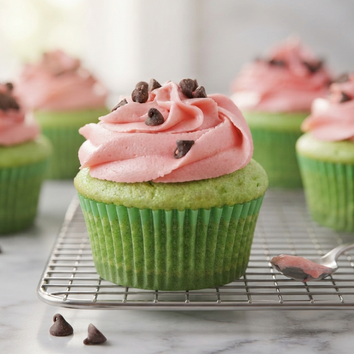 Green cupcakes topped with bright pink watermelon frosting and chocolate chips resting on a metal cooling rack.