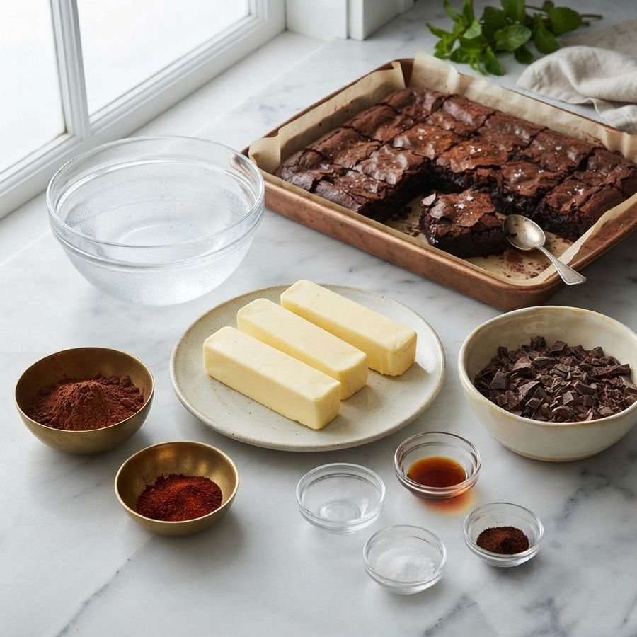 Ingredients for chocolate fudge frosting arranged on a marble surface including butter, cocoa powder, and powdered sugar