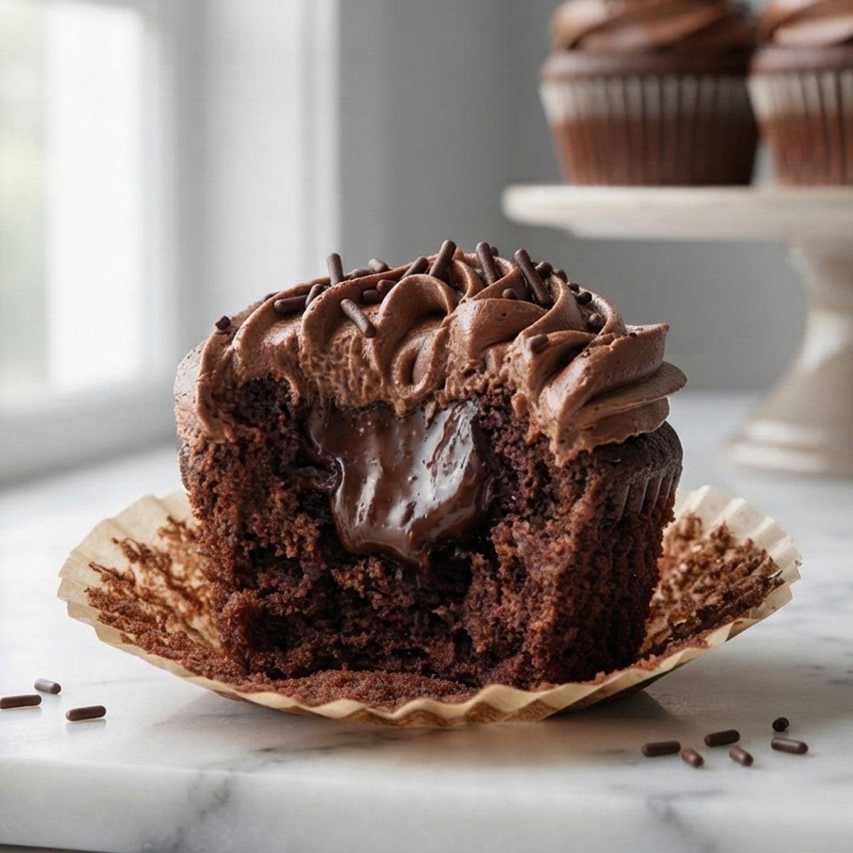 A close-up of a bitten chocolate fudge cupcake showing its moist, gooey interior.