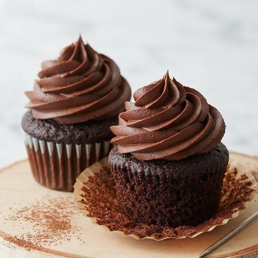 Two chocolate cupcakes topped with generous swirls of smooth, light brown hot chocolate buttercream frosting