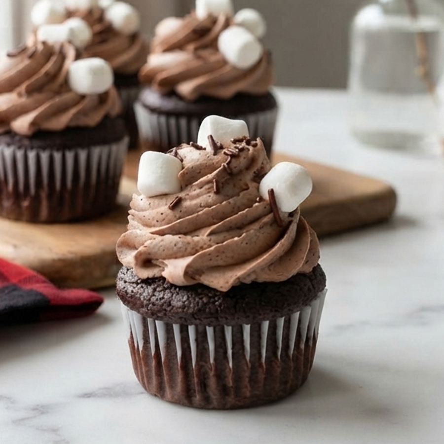 Chocolate cupcakes topped with light brown hot chocolate buttercream and mini marshmallows, arranged on a rustic board