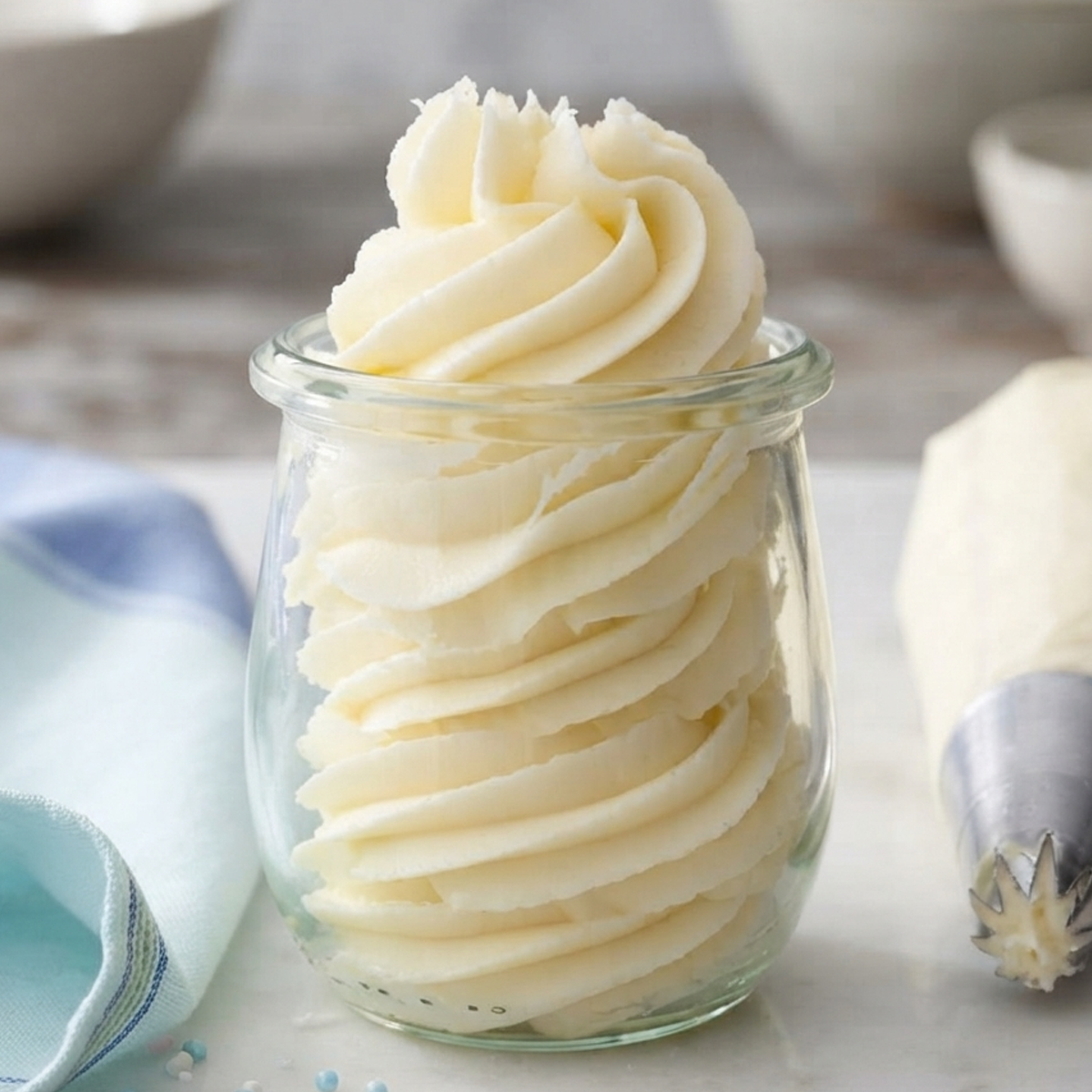 A step-by-step process of mixing softened butter and powdered sugar to make vanilla frosting.