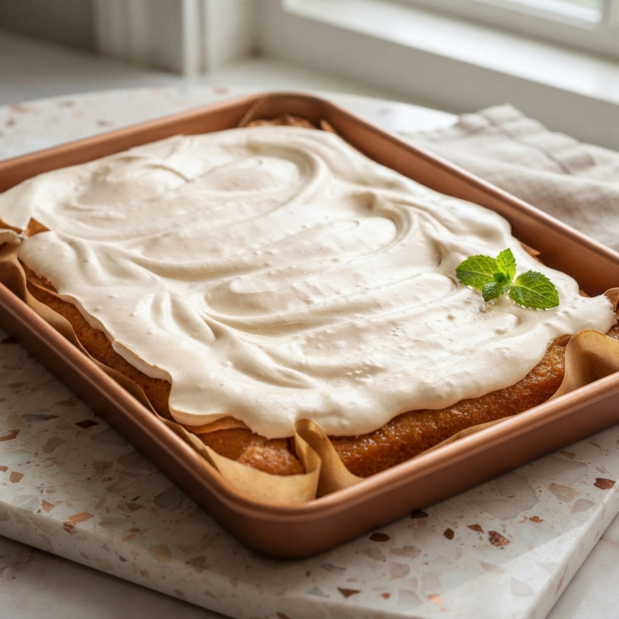 Spreading 7 Minute Frosting Thick white frosting being spread over a baked cake in a rectangular pan.