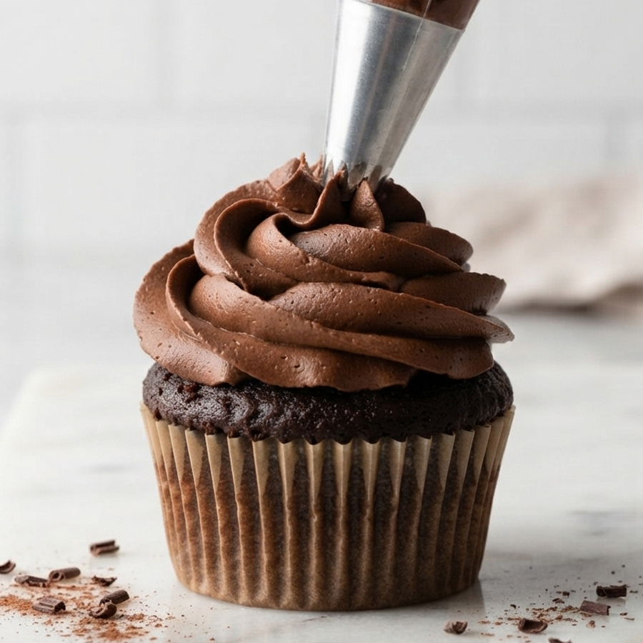 A close-up of a silver piping tip dispensing thick, rich chocolate buttercream onto a cupcake