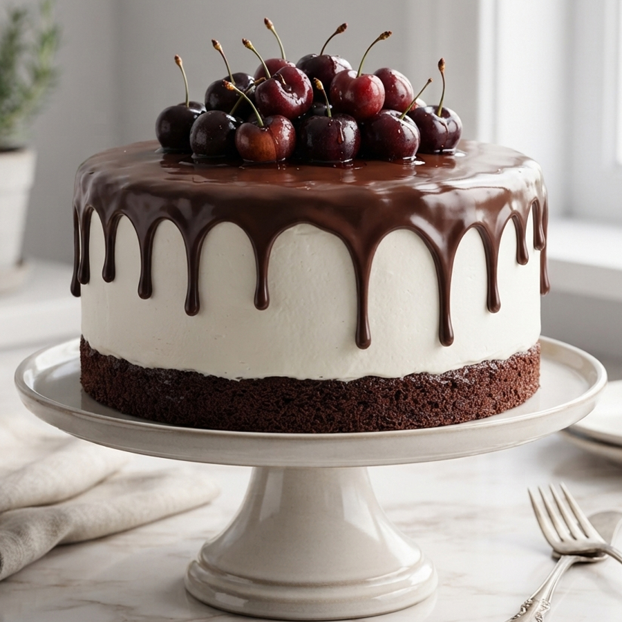Decorating a chocolate whipped cream cake with glossy chocolate ganache drips and fresh cherries.