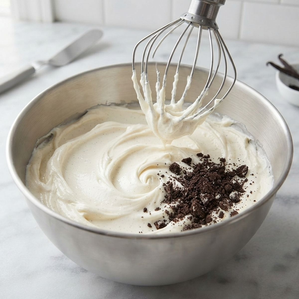 A metal mixing bowl with fluffy buttercream frosting being mixed with crushed Oreo cookies using a spatula.