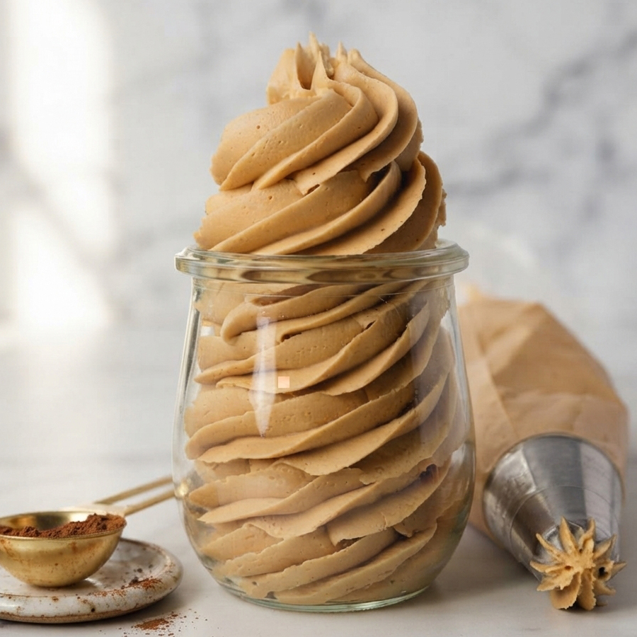A tall swirl of light brown mocha buttercream frosting in a clear jar, ready for piping