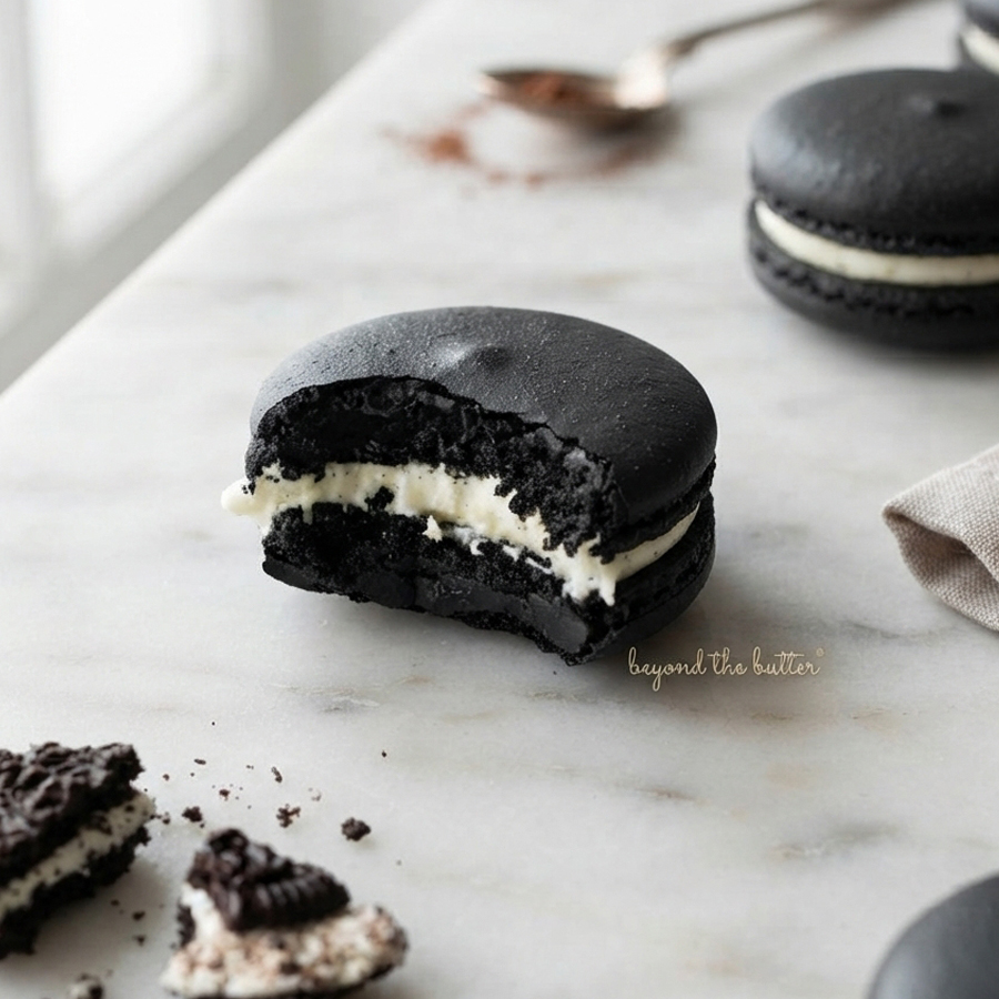 Rows of speckled unbaked macaron batter piped onto a silicone baking mat