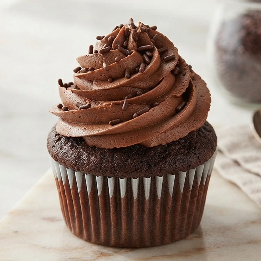Chocolate cupcakes topped with swirled chocolate fudge buttercream and sprinkles