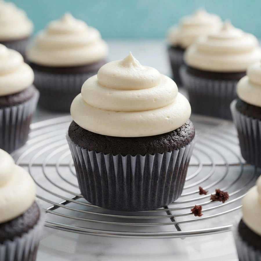 Cupcakes with tall swirls of white whipped cream frosting on silver liners, arranged on a wire cooling rack