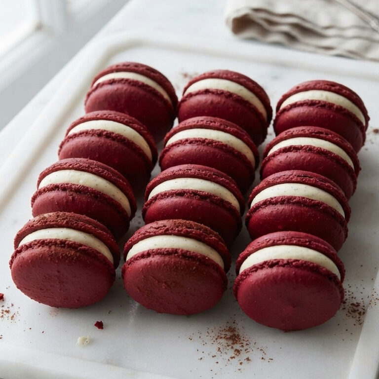 piping red velvet macaron batter