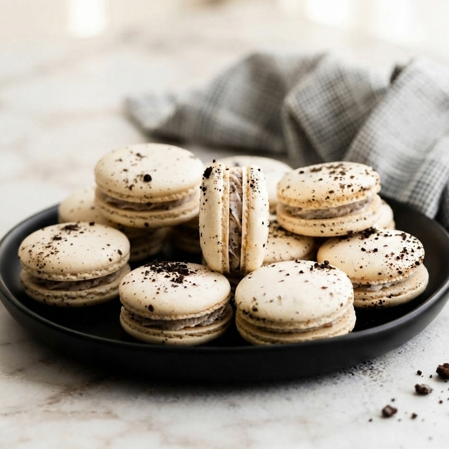 A plate full of finished Oreo macarons, some broken in half showing the filling