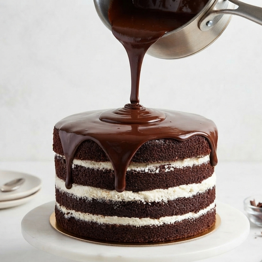 Glossy chocolate ganache being poured over a layered chocolate cake filled with white frosting