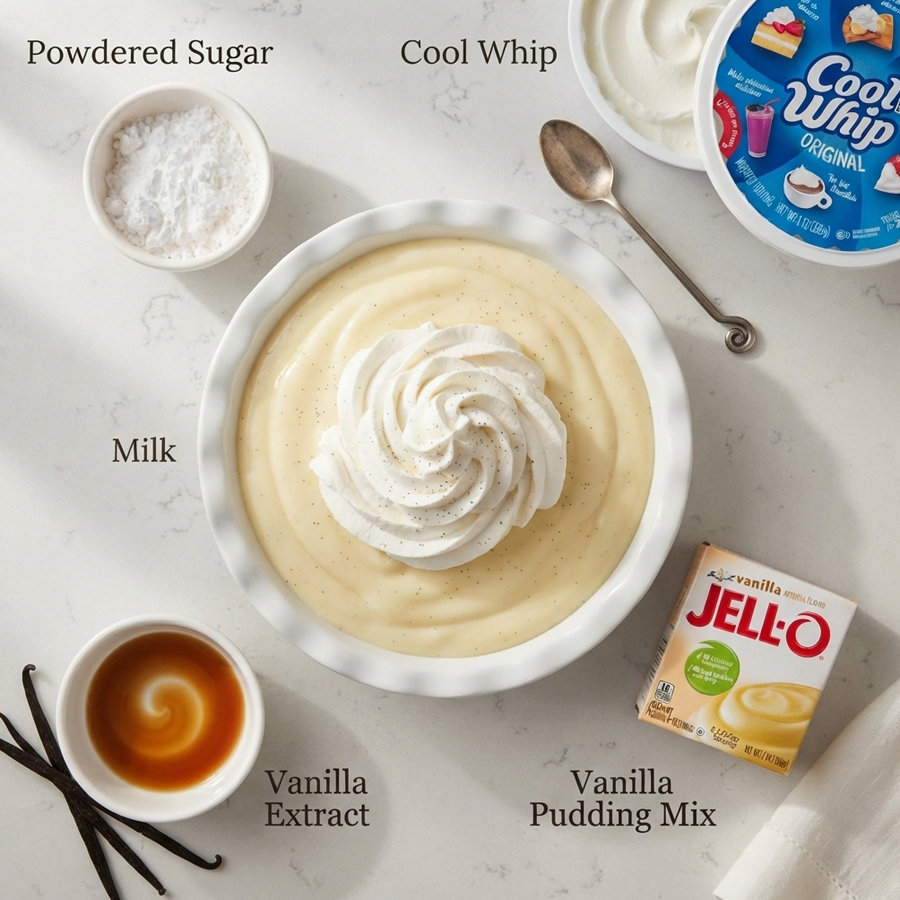 Ingredients for a dessert recipe arranged on a countertop: a small bowl of powdered sugar, a tub of Cool Whip, milk, a box of Jell-O Vanilla Pudding Mix, and vanilla extract