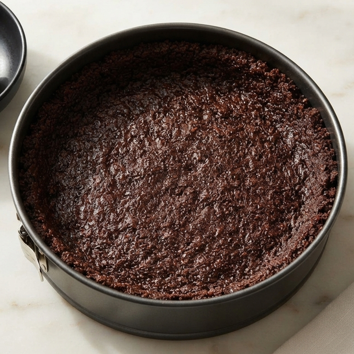 Red velvet cheesecake batter being poured over an Oreo crust in a springform pan