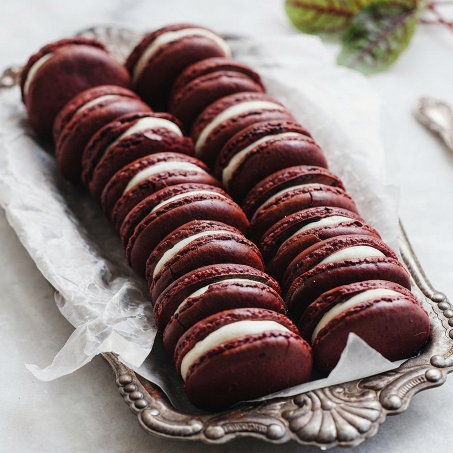 Red velvet macarons arranged in rows on a silver platter lined with white parchment paper