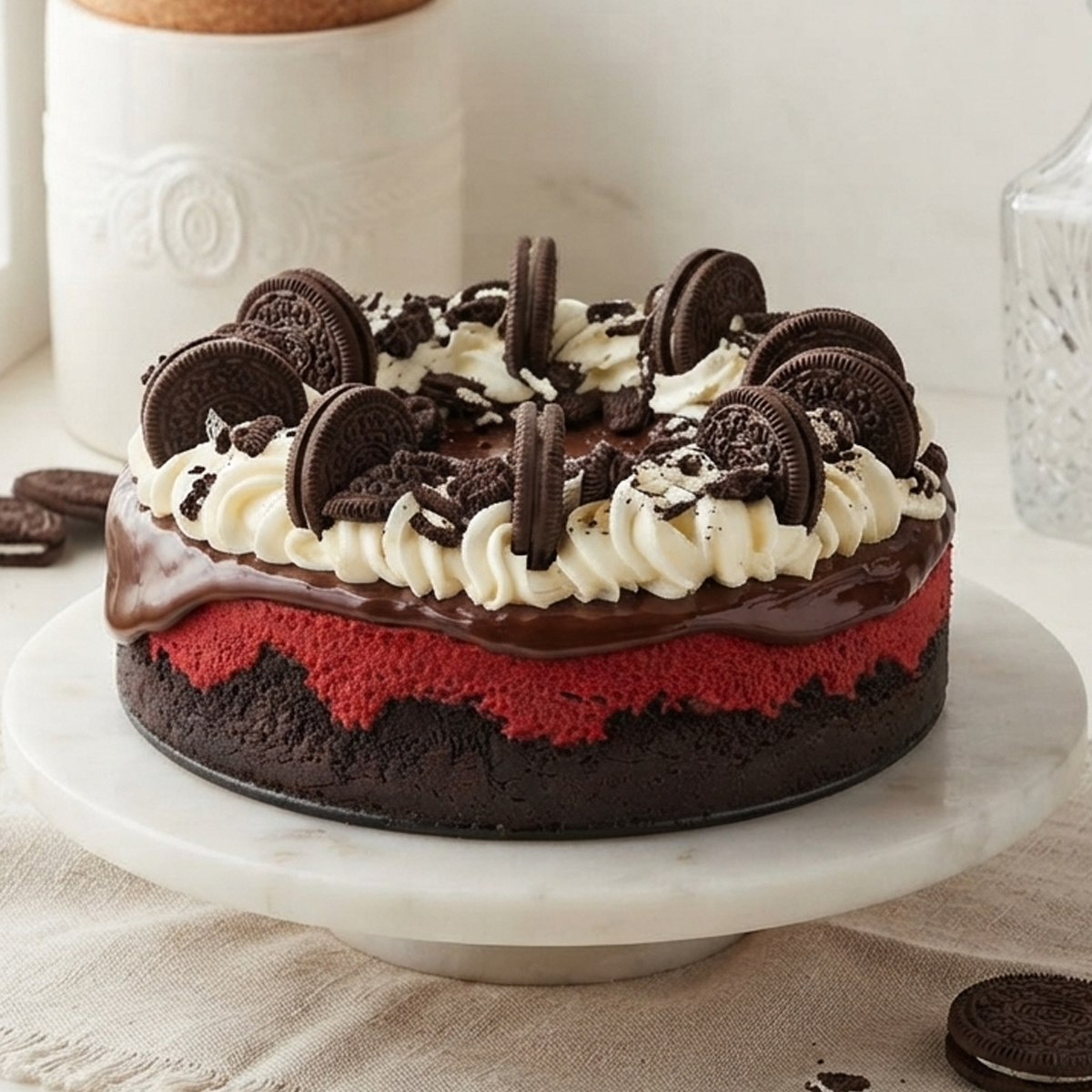 Baking ingredients including Oreo cookies, blocks of cream cheese, eggs, and cocoa powder