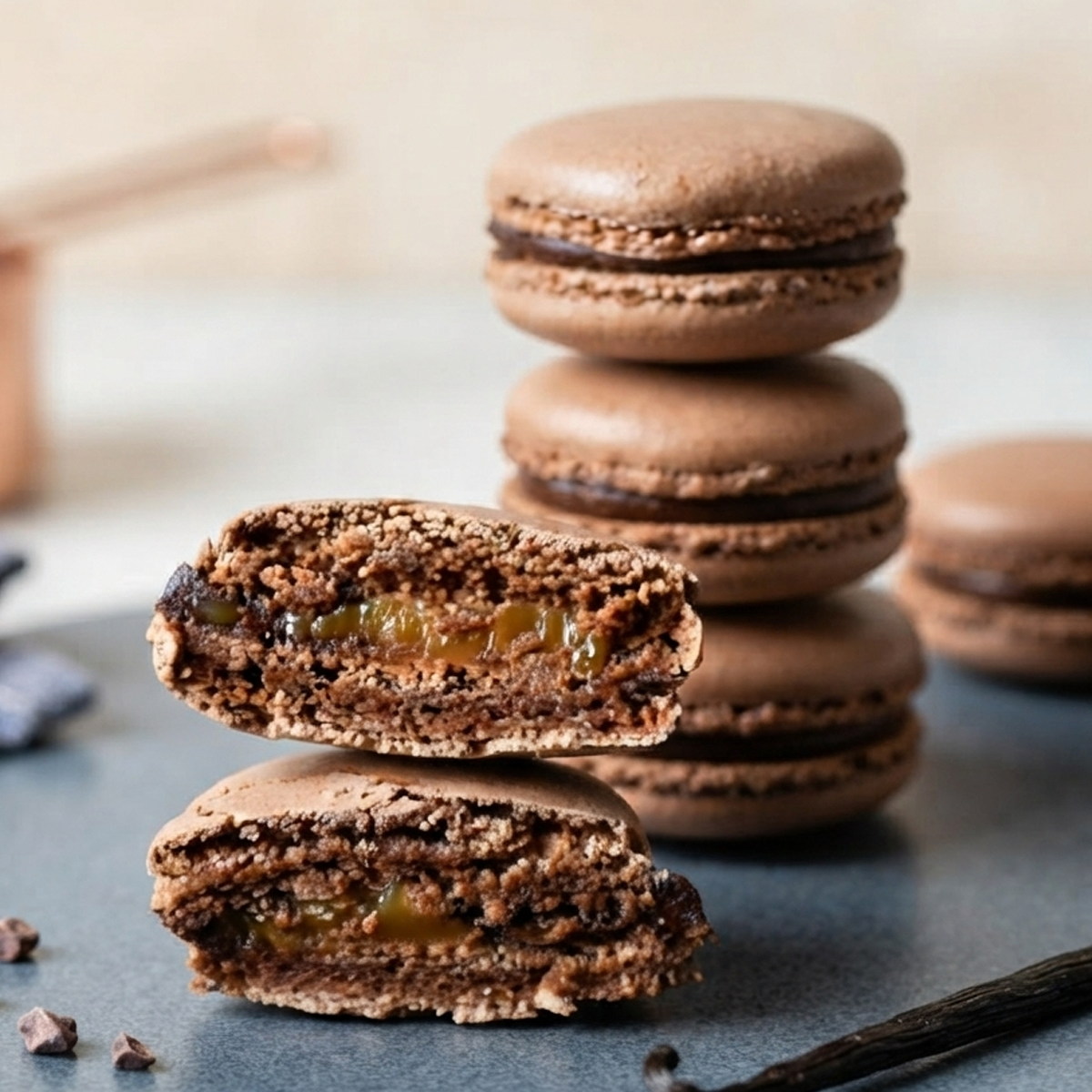 Macaron Dual Filling A cross-section of a chocolate macaron showing a ring of chocolate frosting and a gooey caramel center.