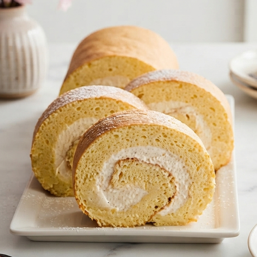 Several sliced Swiss roll cakes with cream filling beautifully arranged on a white platter