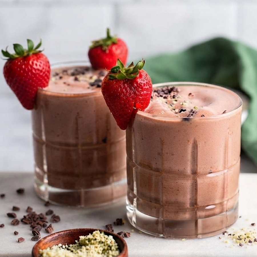 Two glasses of chocolate strawberry smoothie garnished with fresh strawberries and chocolate shavings on a marble slab