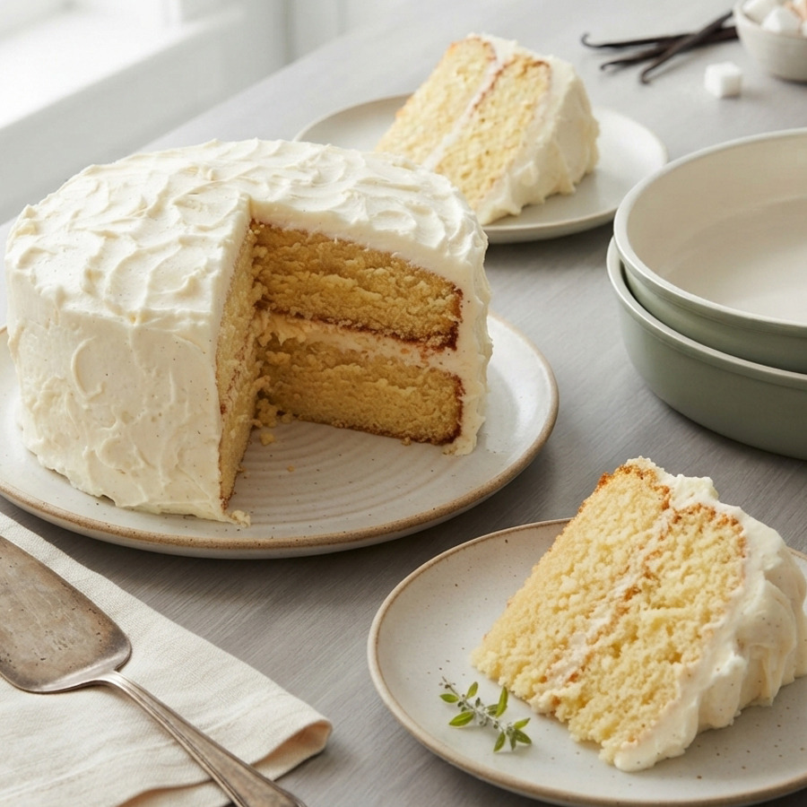 A round vanilla layer cake with white buttercream frosting, with one slice removed and two slices served on separate plates