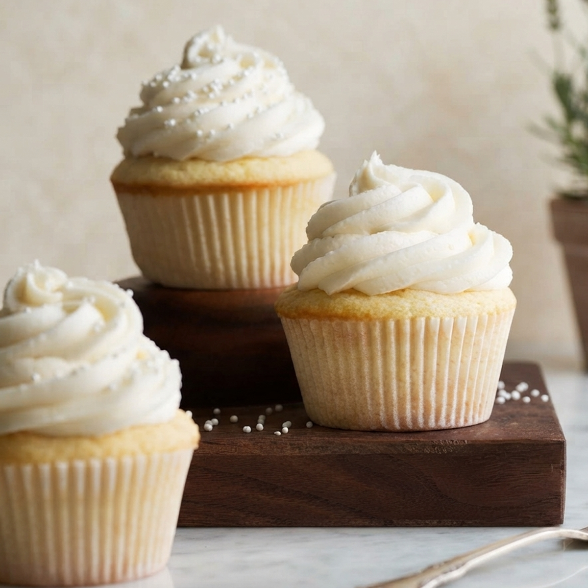 Three vanilla cupcakes topped with beautifully swirled white vanilla frosting and sprinkles on a wooden board.