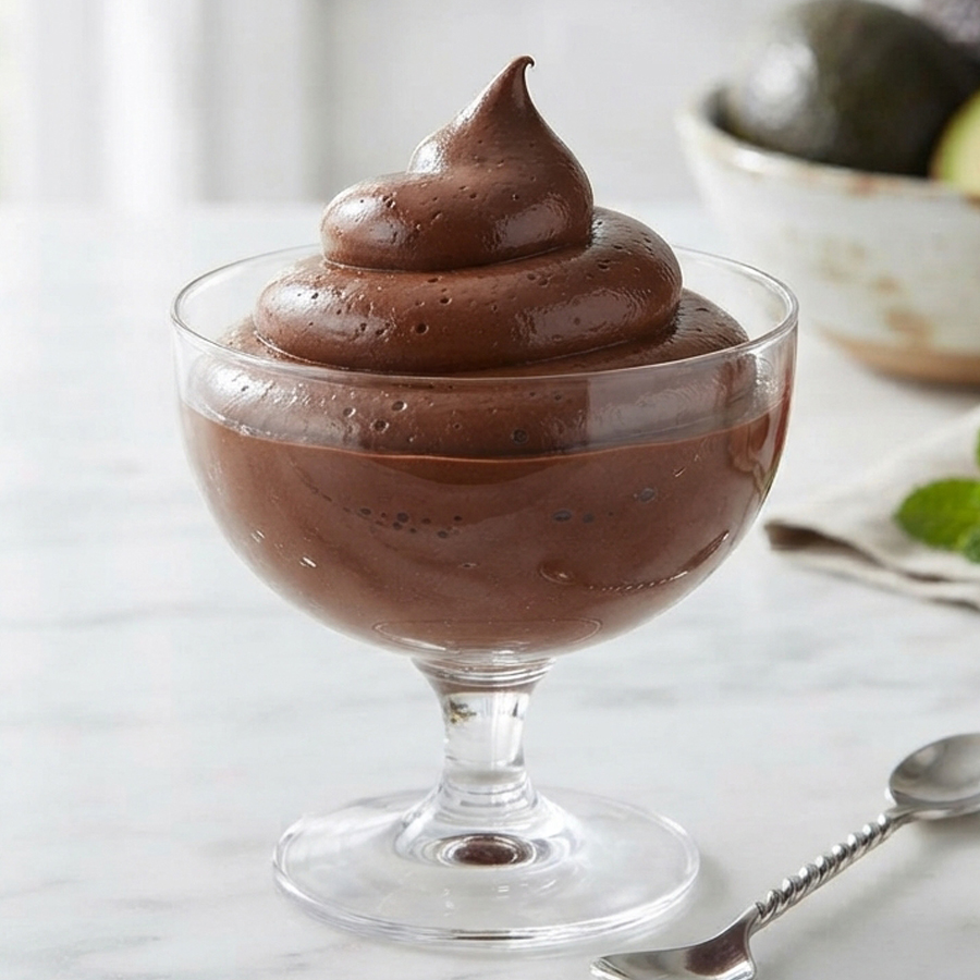 A glass cup filled with thick, swirled chocolate avocado frosting next to fresh avocado halves