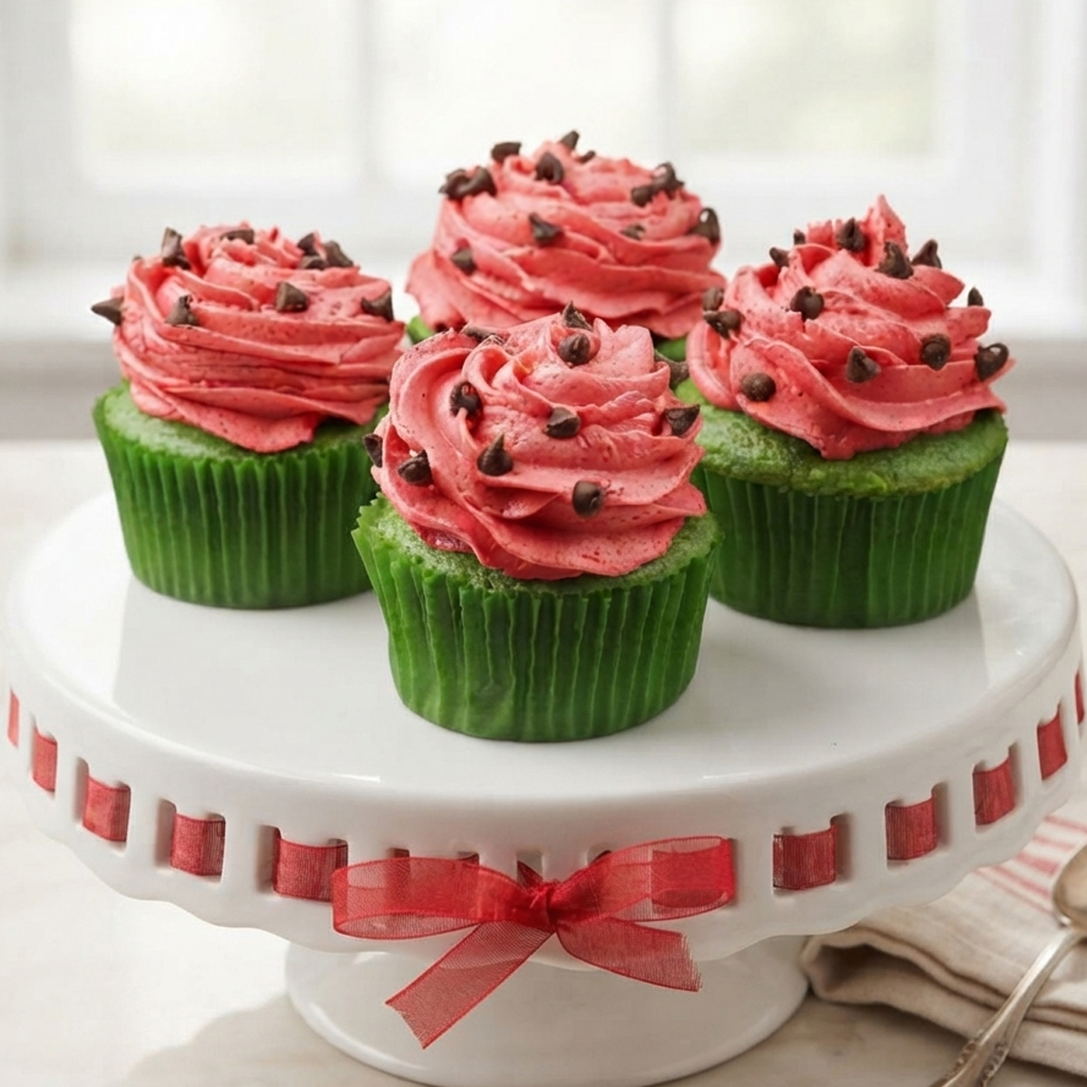 A beautiful display of green cupcakes with swirls of pink watermelon buttercream and chocolate chip seeds on a cake stand.
