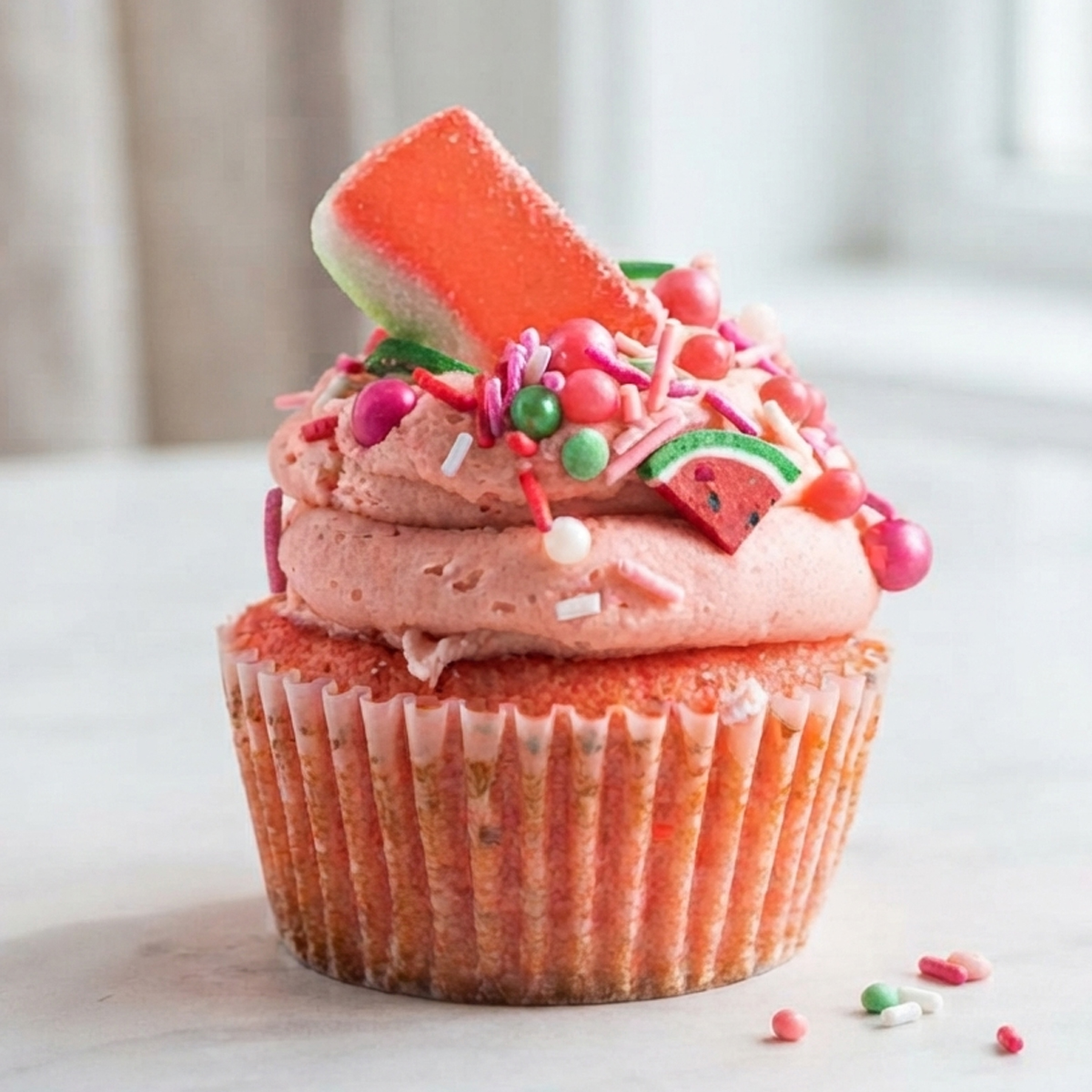 A close-up of a single pink frosted cupcake decorated with sprinkles and a candy watermelon slice.