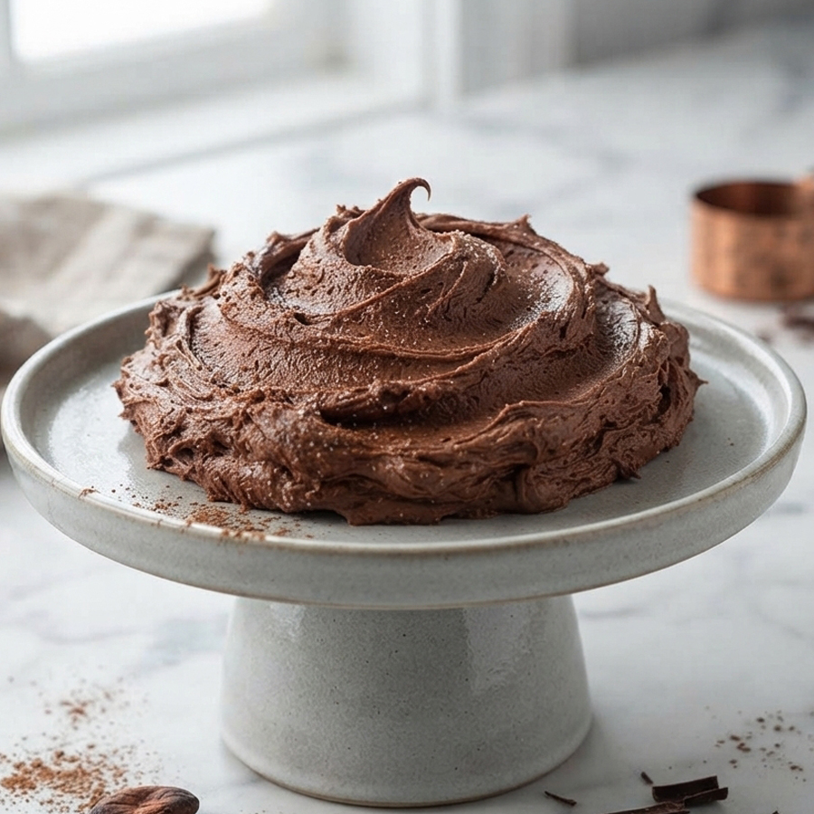 A close-up of thick, light brown chocolate buttercream frosting on a spatula inside a metal mixing bowl
