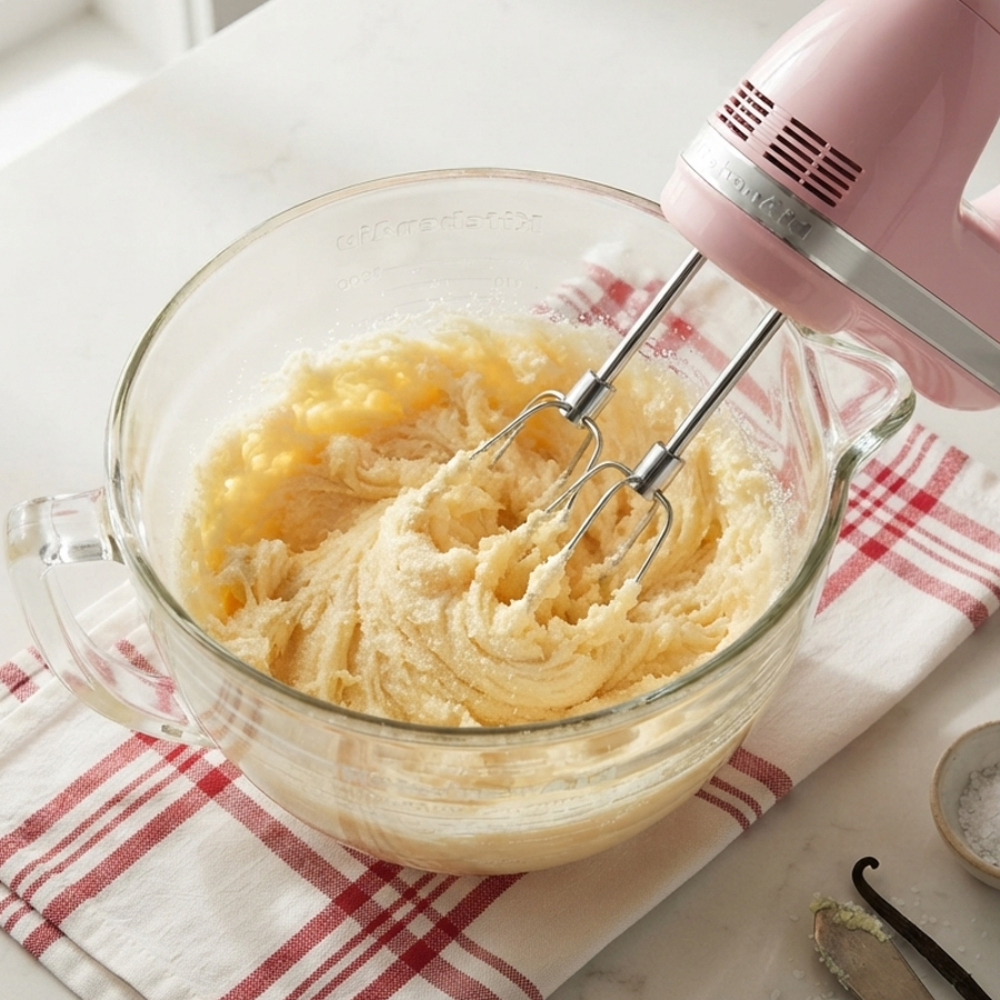 A pink electric hand mixer beating pale yellow cake batter buttercream in a glass bowl.