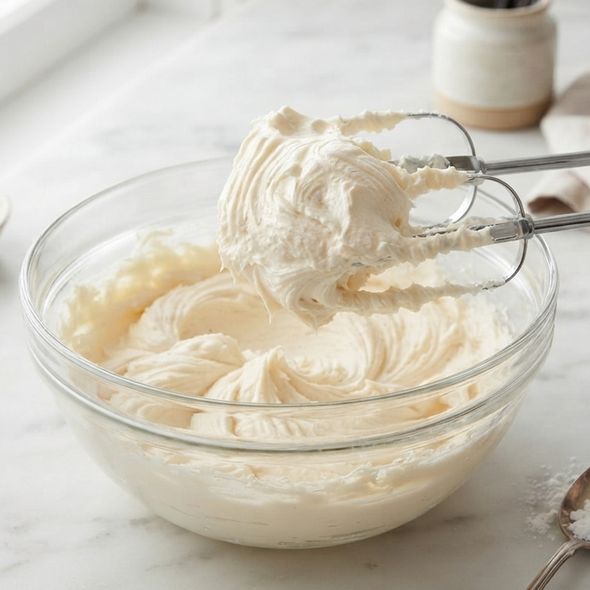 A close-up of a metal electric mixer beater coated with thick, fluffy white vanilla frosting above a mixing bowl.