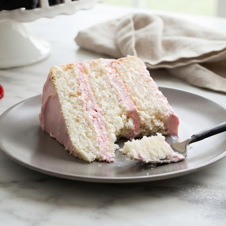 A slice of white layer cake with pink filling on a gray plate, with a fork that has taken a bite out of it