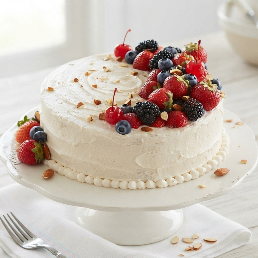 A round white cake with white frosting, topped with a crescent arrangement of mixed berries including strawberries, raspberries, blueberries, and blackberries