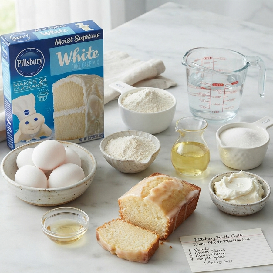 Ingredients for white almond sour cream cake arranged on a countertop: box of white cake mix, flour, powdered sugar, water, eggs, and sour cream