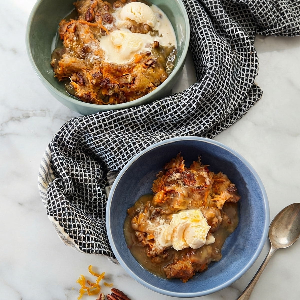 Bubbling Carrot Cake Cobbler A cast iron skillet filled with bubbling, golden brown carrot cake cobbler straight out of the oven.