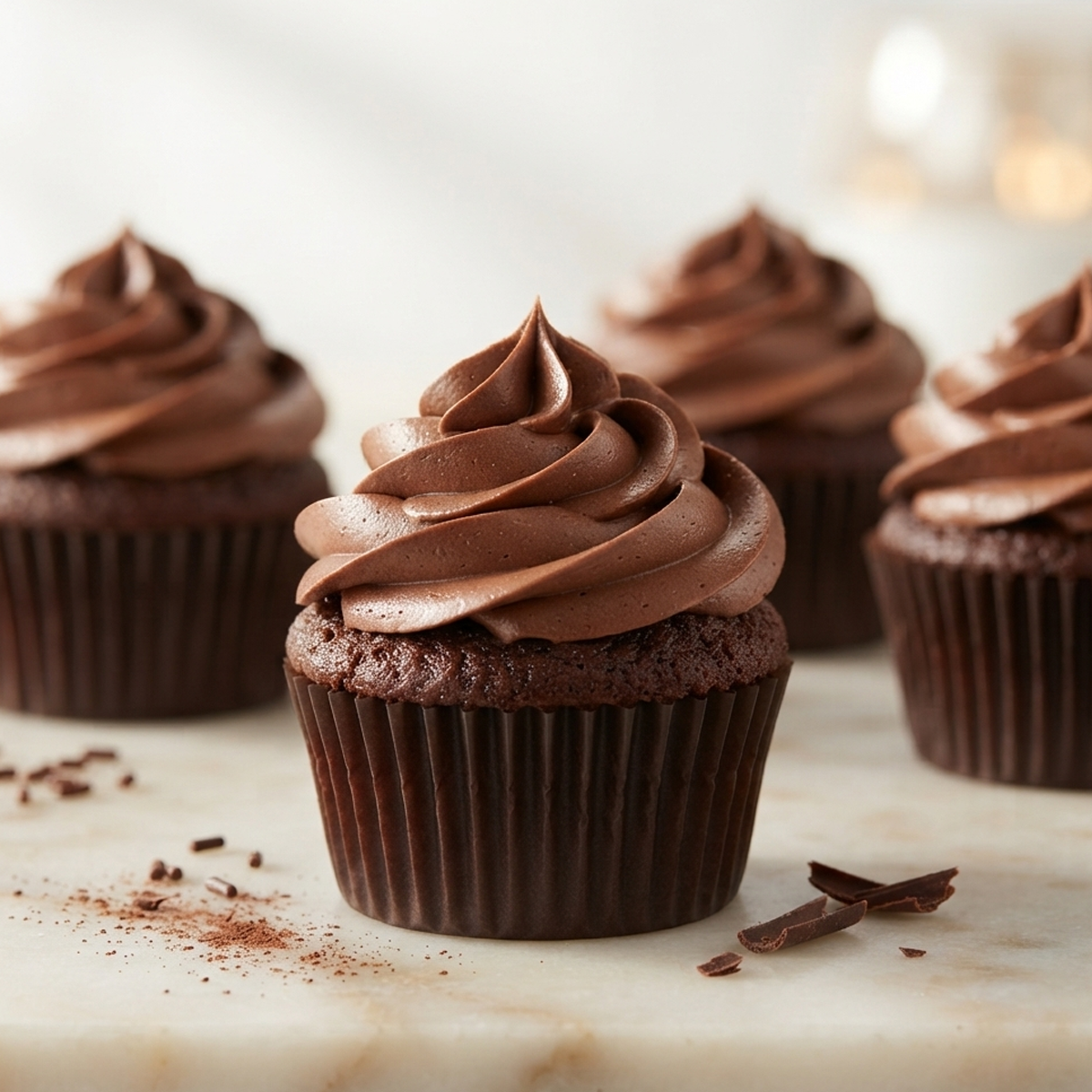 A close up of a perfectly piped swirl of smooth chocolate Italian buttercream on top of a chocolate cupcake.