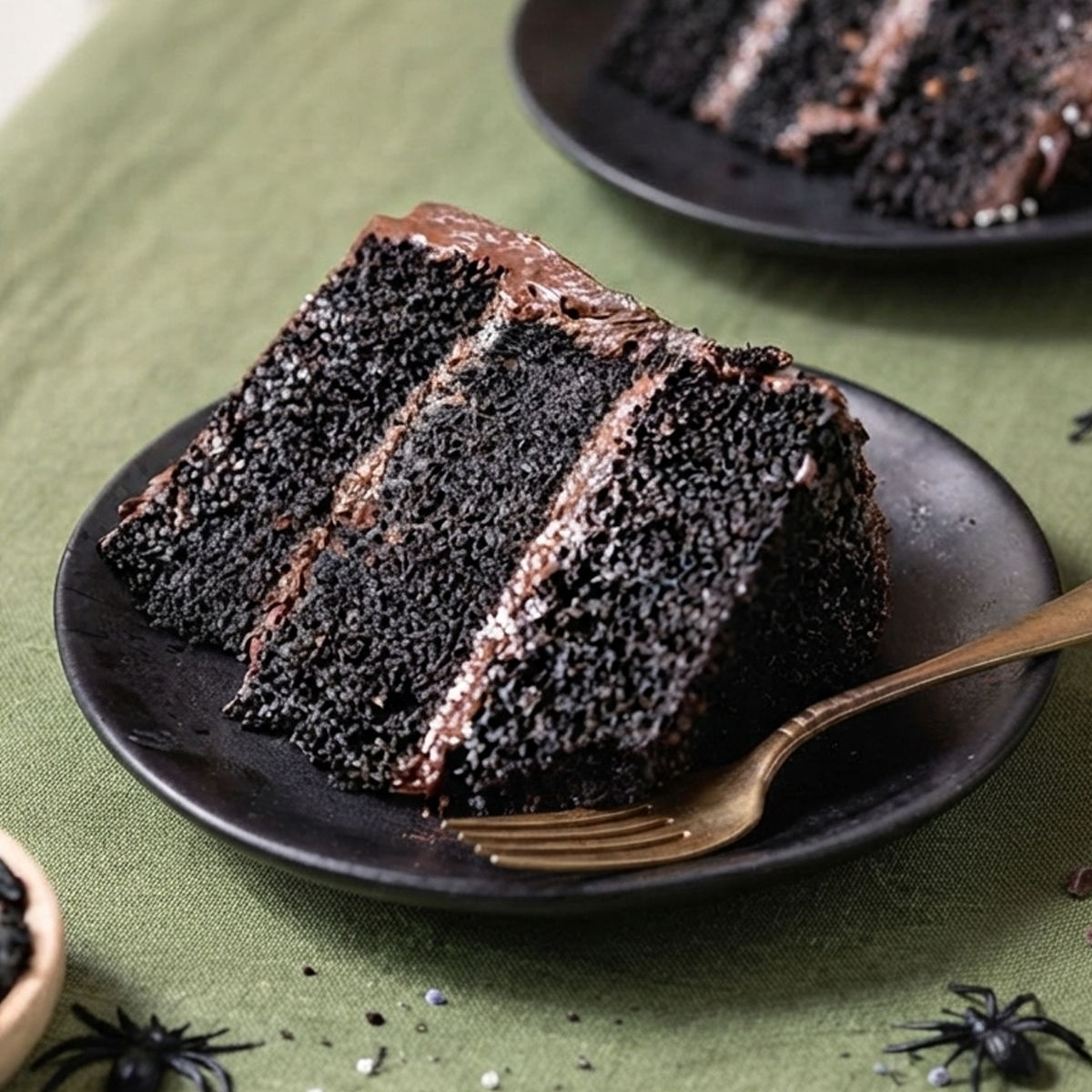 Fudgy Black Cake Crumb A close-up view of the dense, fudgy, dark crumb texture of a sliced black chocolate cake.