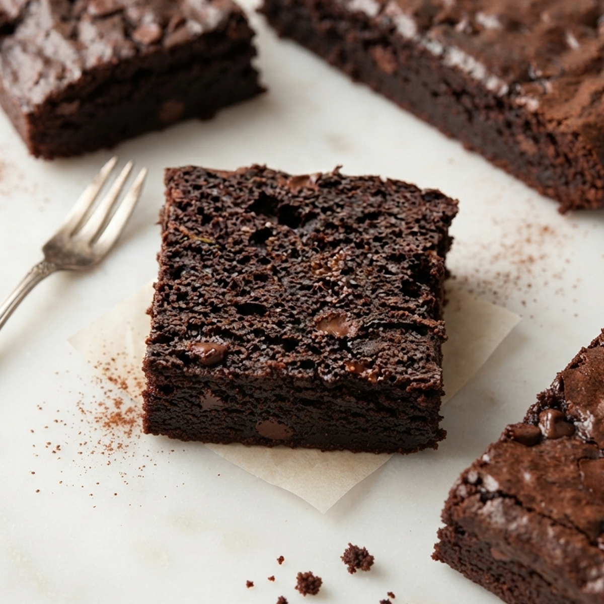 Fudgy Cake Texture A close-up view of a slice of chocolate zucchini cake showing the incredibly moist, fudgy, and dense crumb structure.