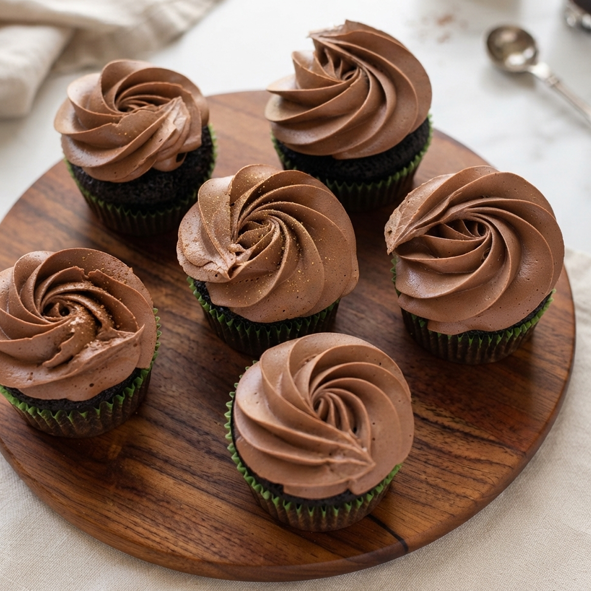 A mixing bowl filled with light, fluffy, and smooth chocolate Italian meringue buttercream with a spatula resting in it.