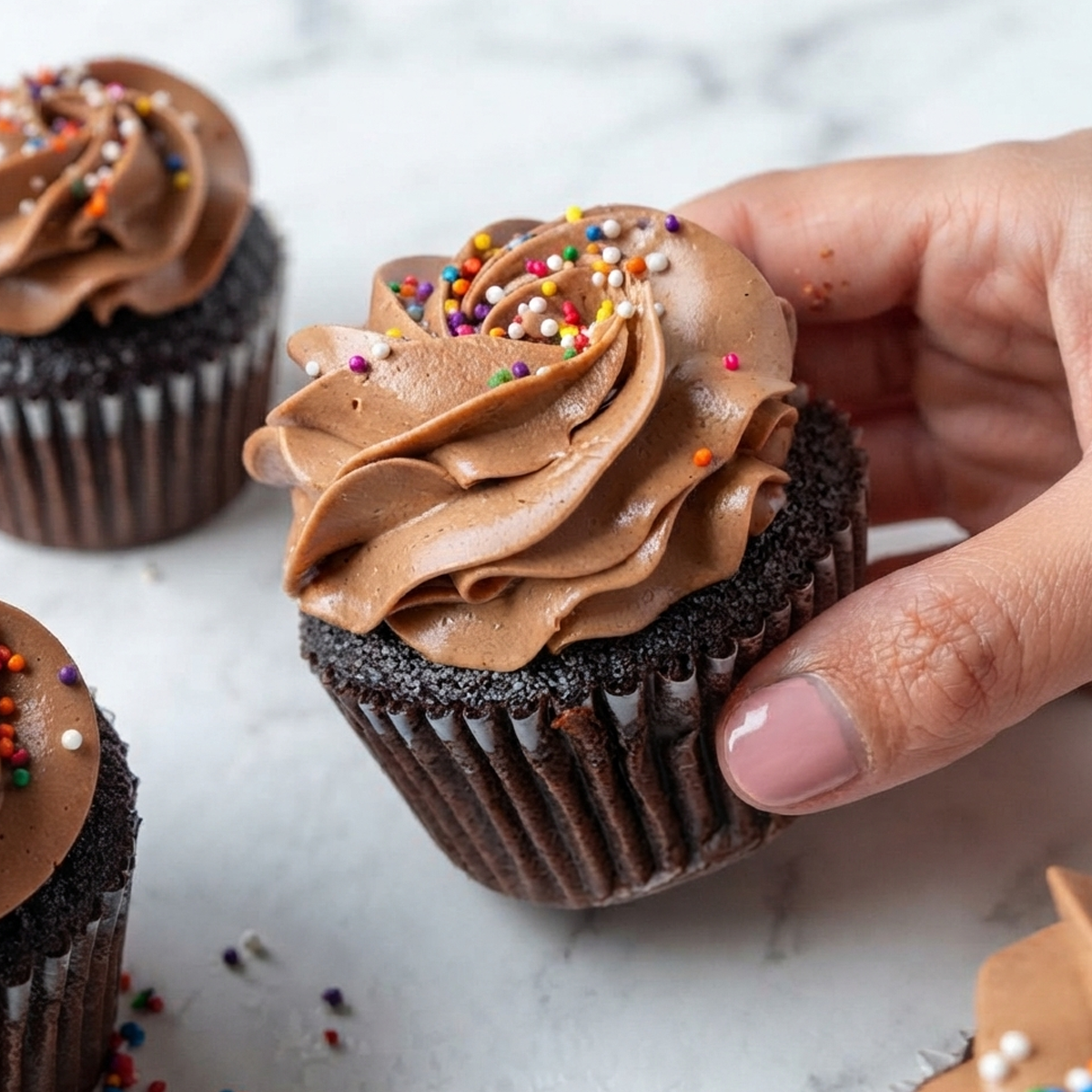 A piping bag fitted with a star tip piping tall, smooth swirls of chocolate Italian buttercream.